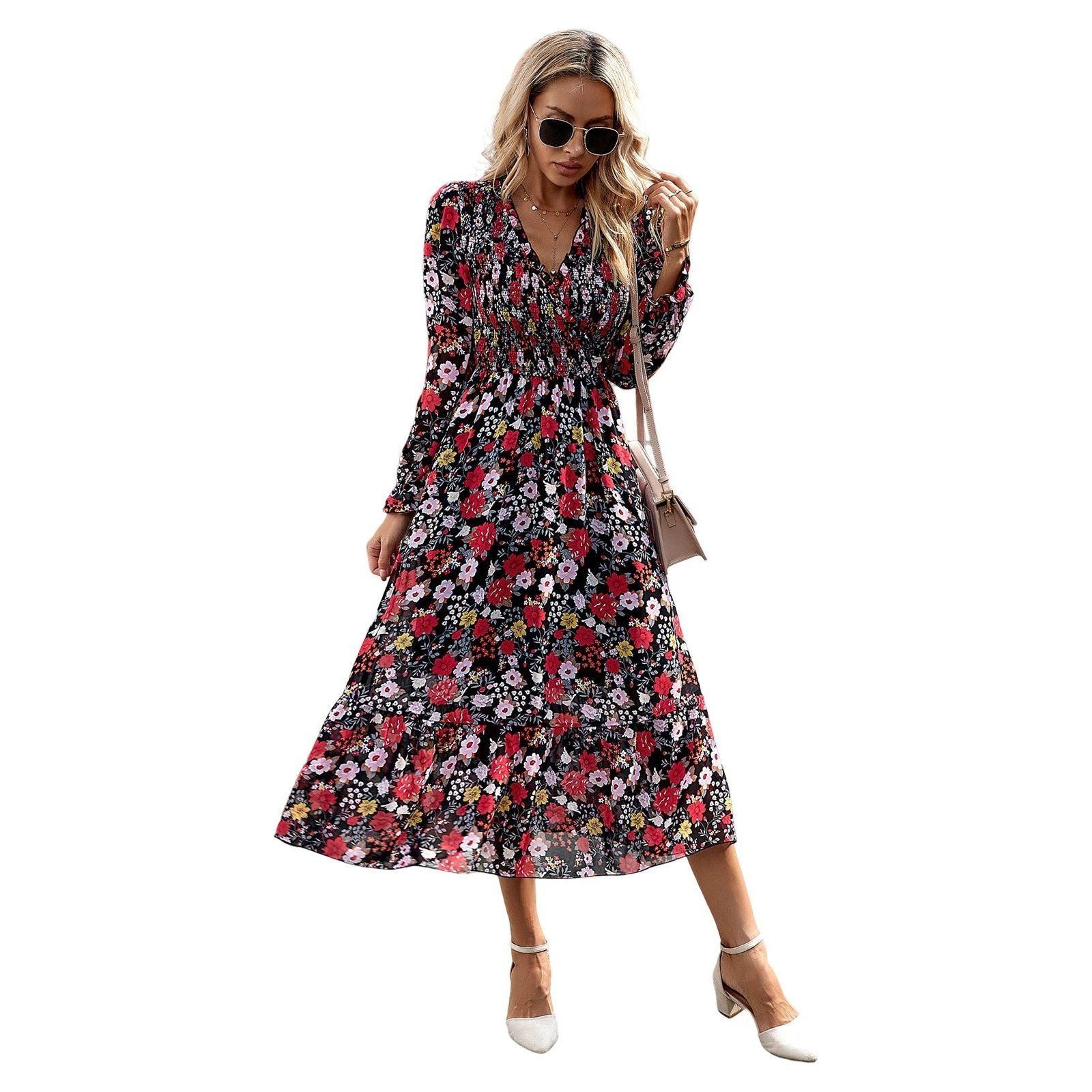 Women's Fashion Elegant V-neck Print Dress - Jointcorp