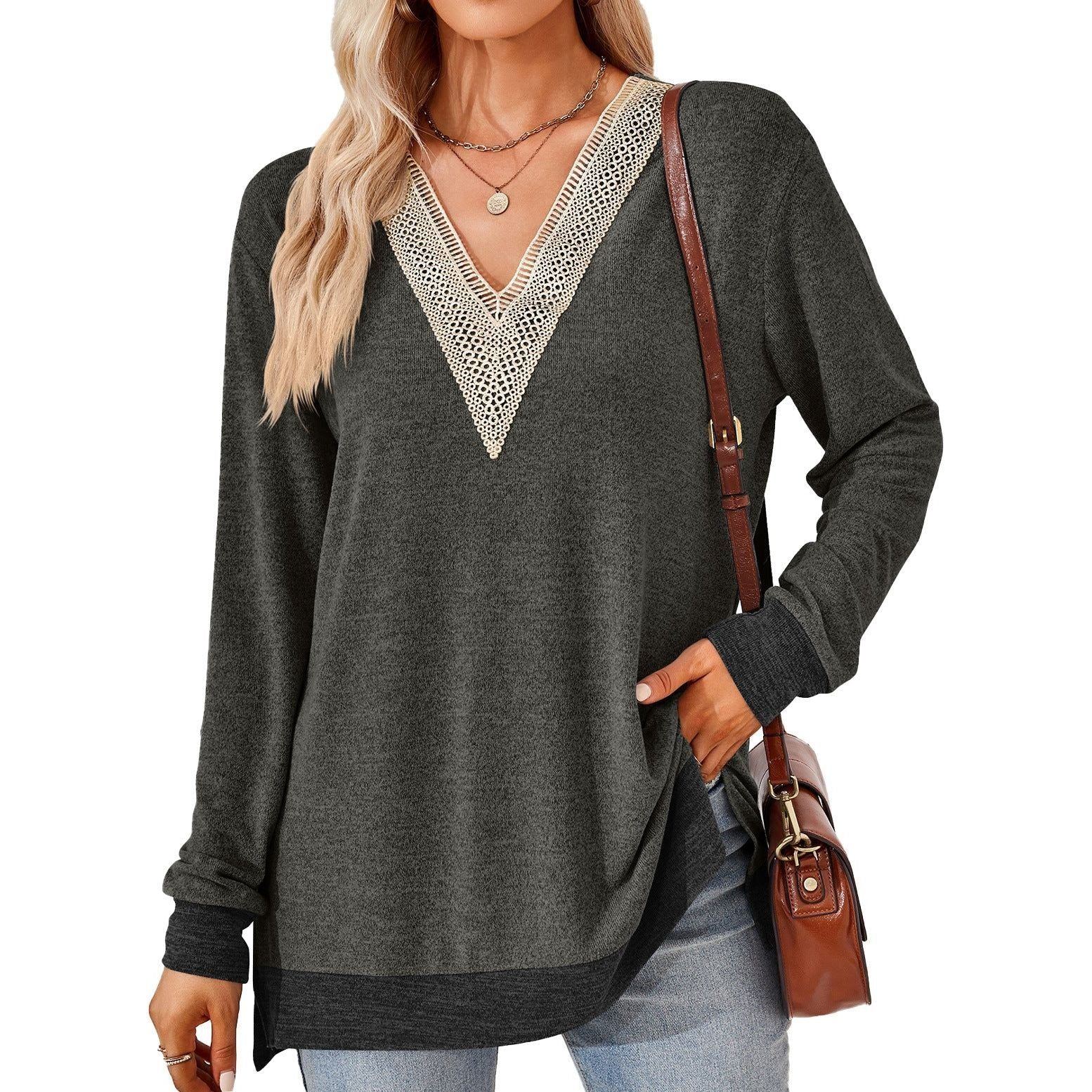 Women's Fashion V-neck Lace Solid Color Loose-fitting T-shirt Top