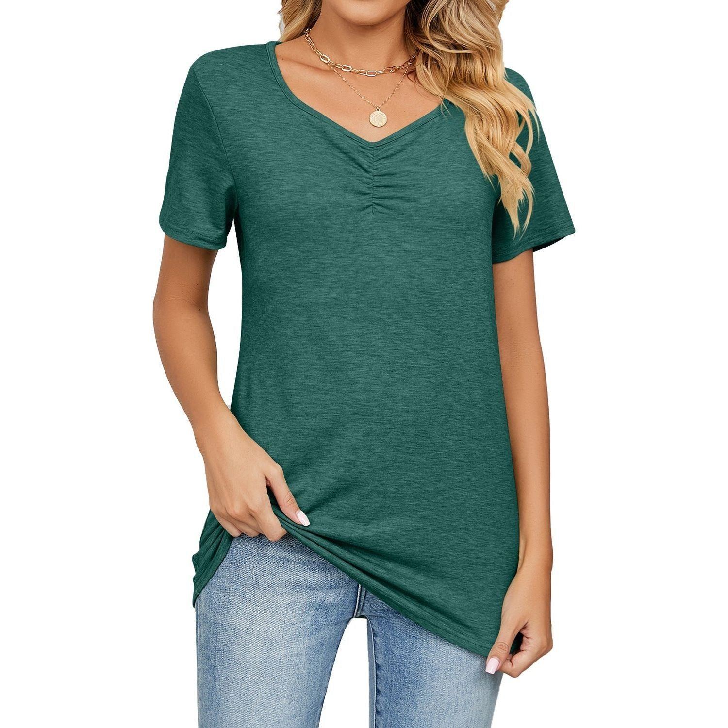 Women's Fashion V-neck Pleated Casual Solid Color Loose T-shirt - Jointcorp