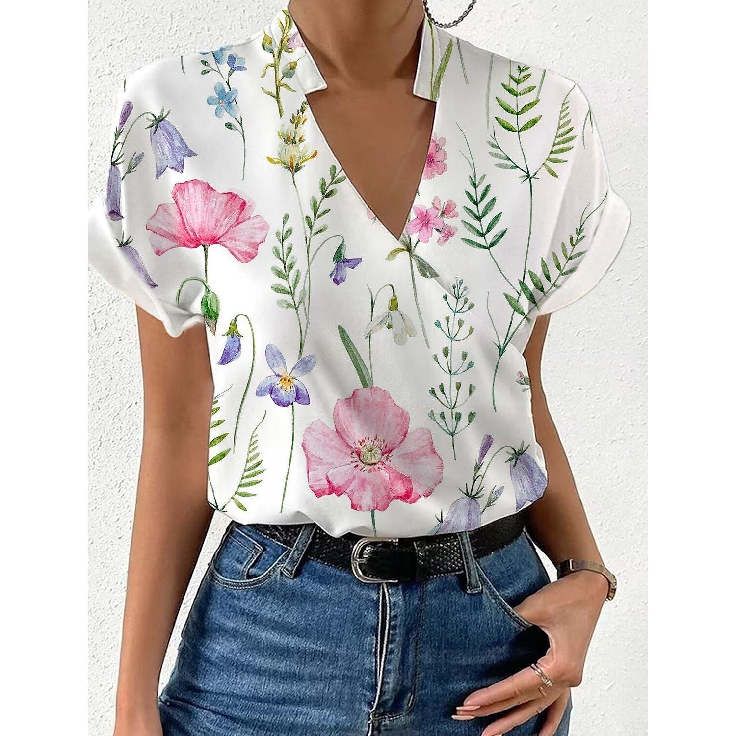 Summer Loose V-neck Stand Collar Printed Shirt