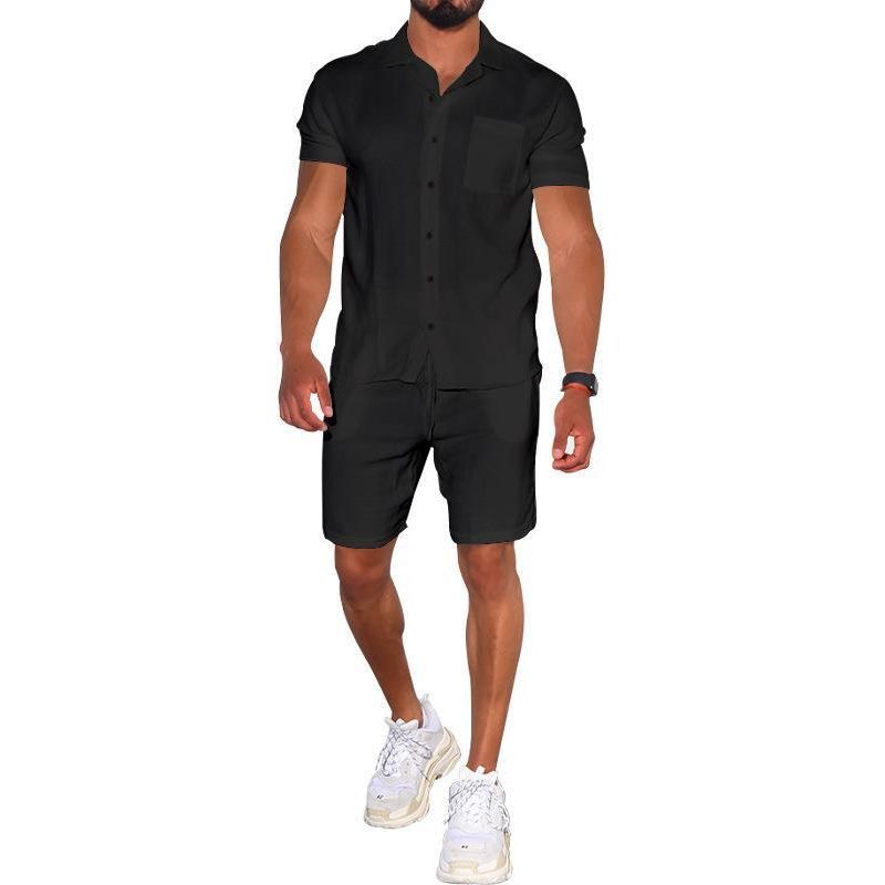 Cross-border Summer Menswear Suit Polo Collar Solid Color Short-sleeved Shorts Suit Button Four-sided Stretch Shirt - Jointcorp