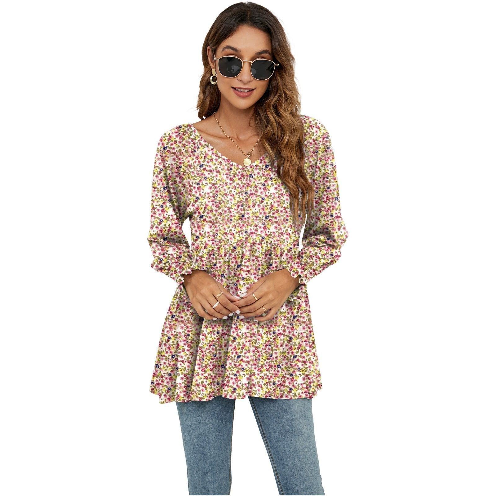 Women's Fashion Casual Printing Bubble Long Sleeve Waist Top