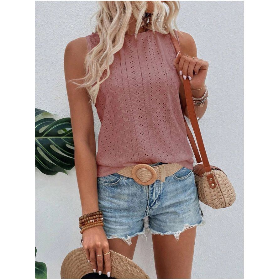 Women's Clothes Round Neck Vest Hole Hollow-out Sleeveless Casual Top