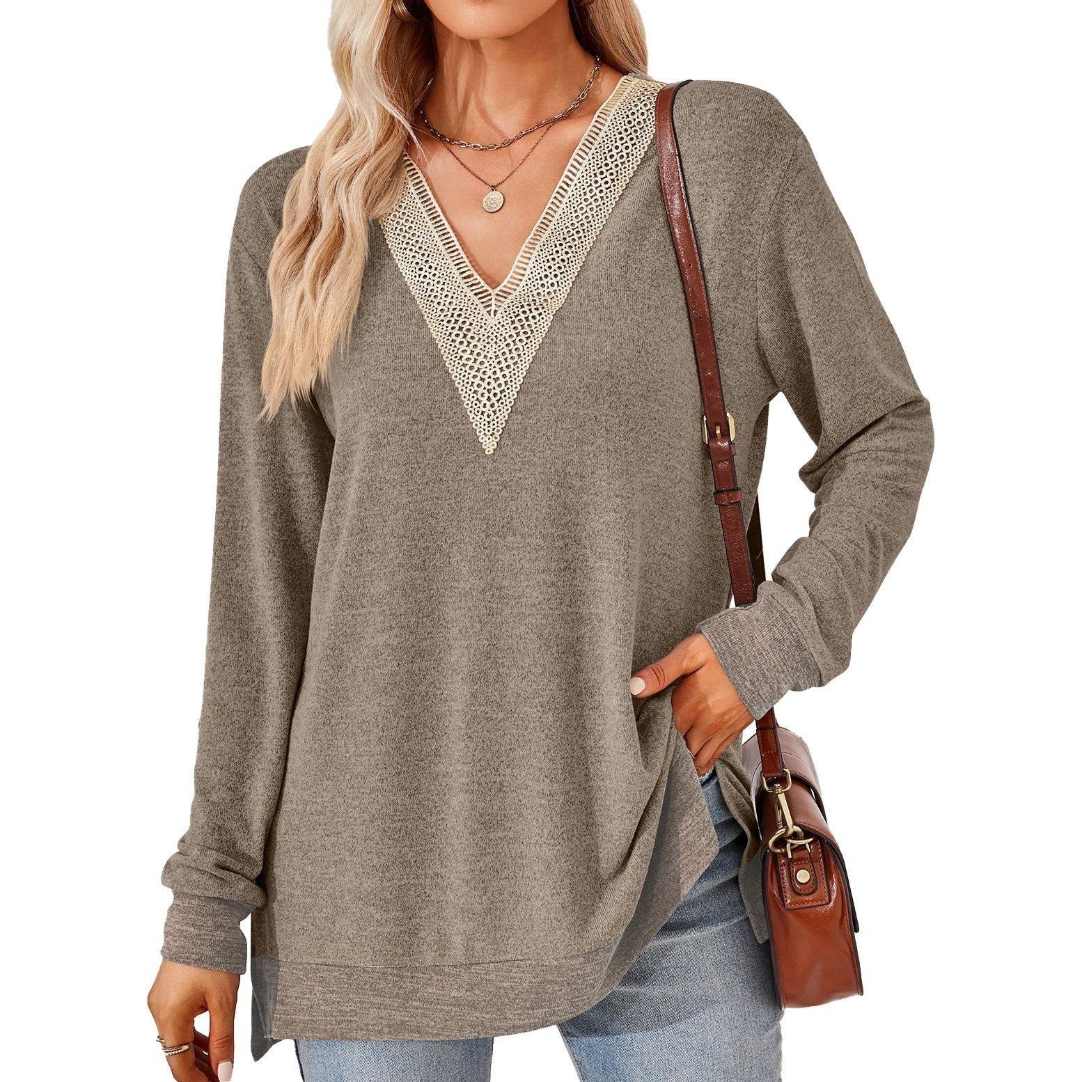 Women's Fashion V-neck Lace Solid Color Loose-fitting T-shirt Top