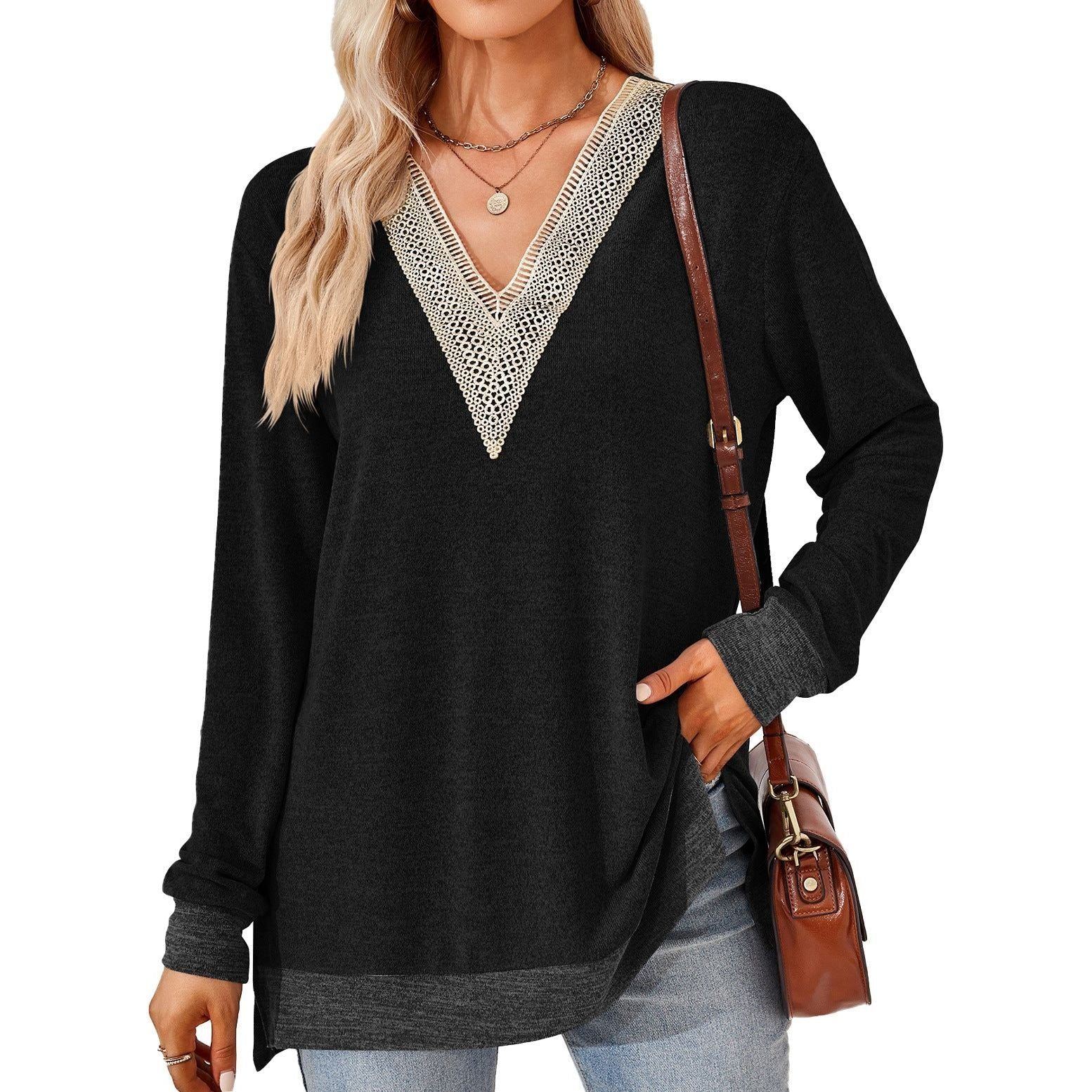 Women's Fashion V-neck Lace Solid Color Loose-fitting T-shirt Top