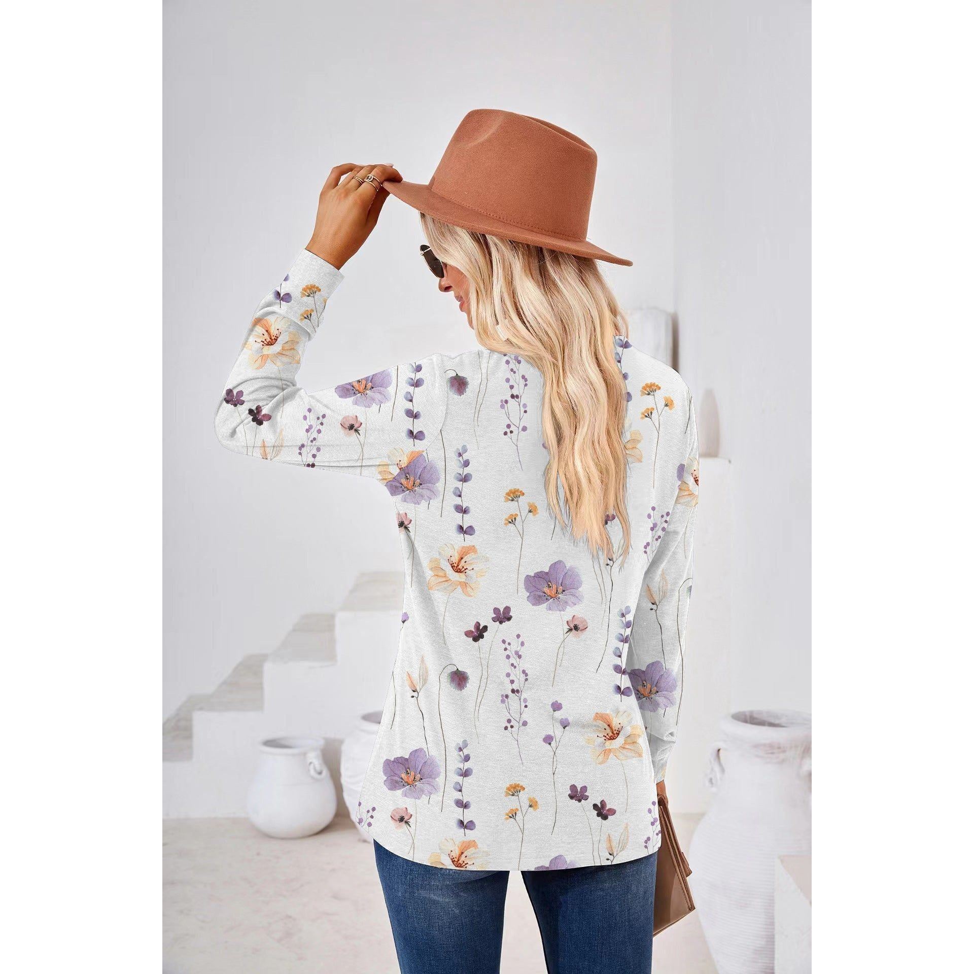 Women's Fashion Casual Printing Button V-neck Long Sleeve