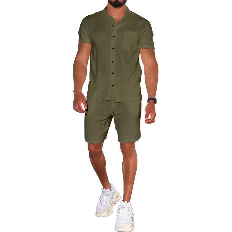 Cross-border Summer Menswear Suit Polo Collar Solid Color Short-sleeved Shorts Suit Button Four-sided Stretch Shirt - Jointcorp