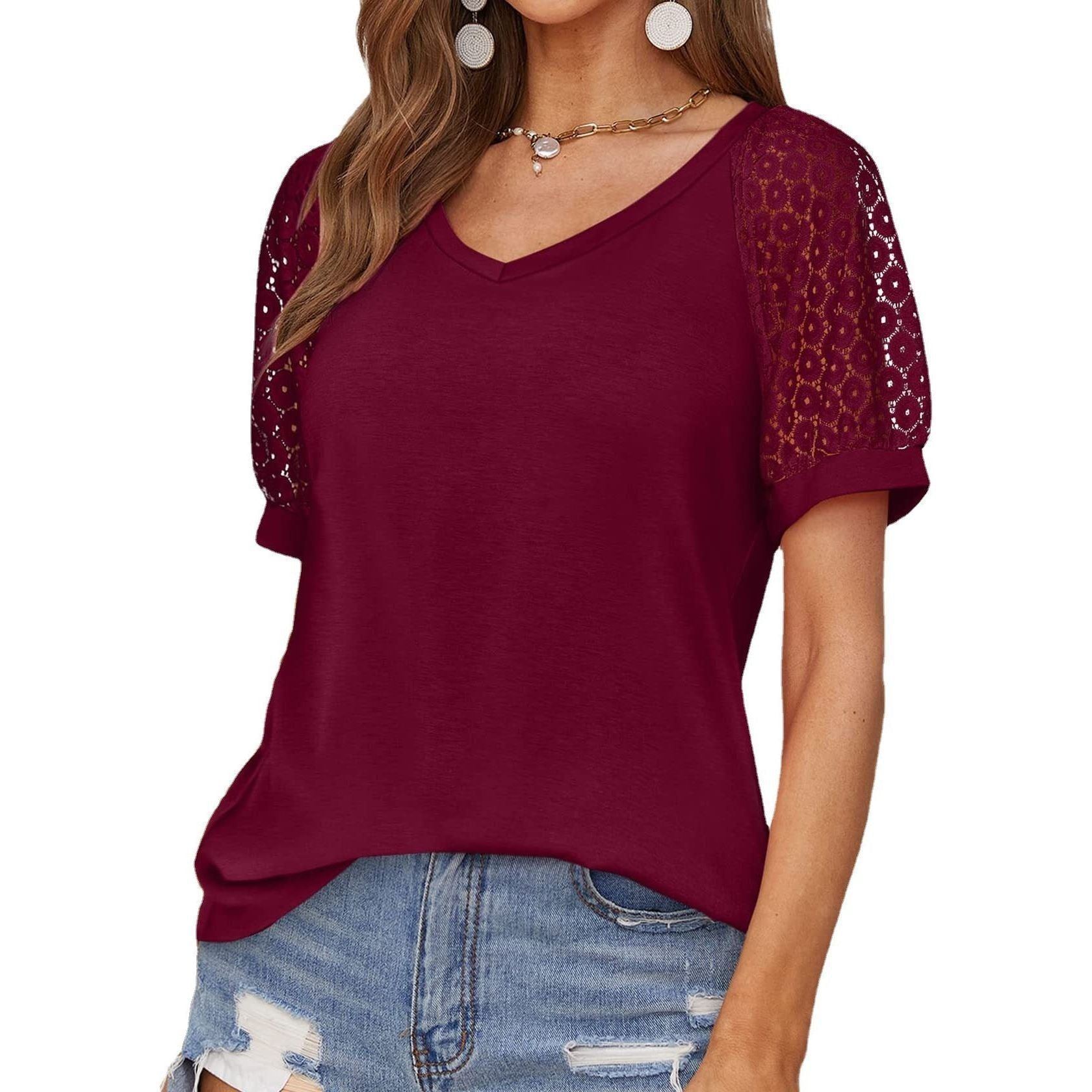 V-neck Lace Stitching Casual T-shirt For Women
