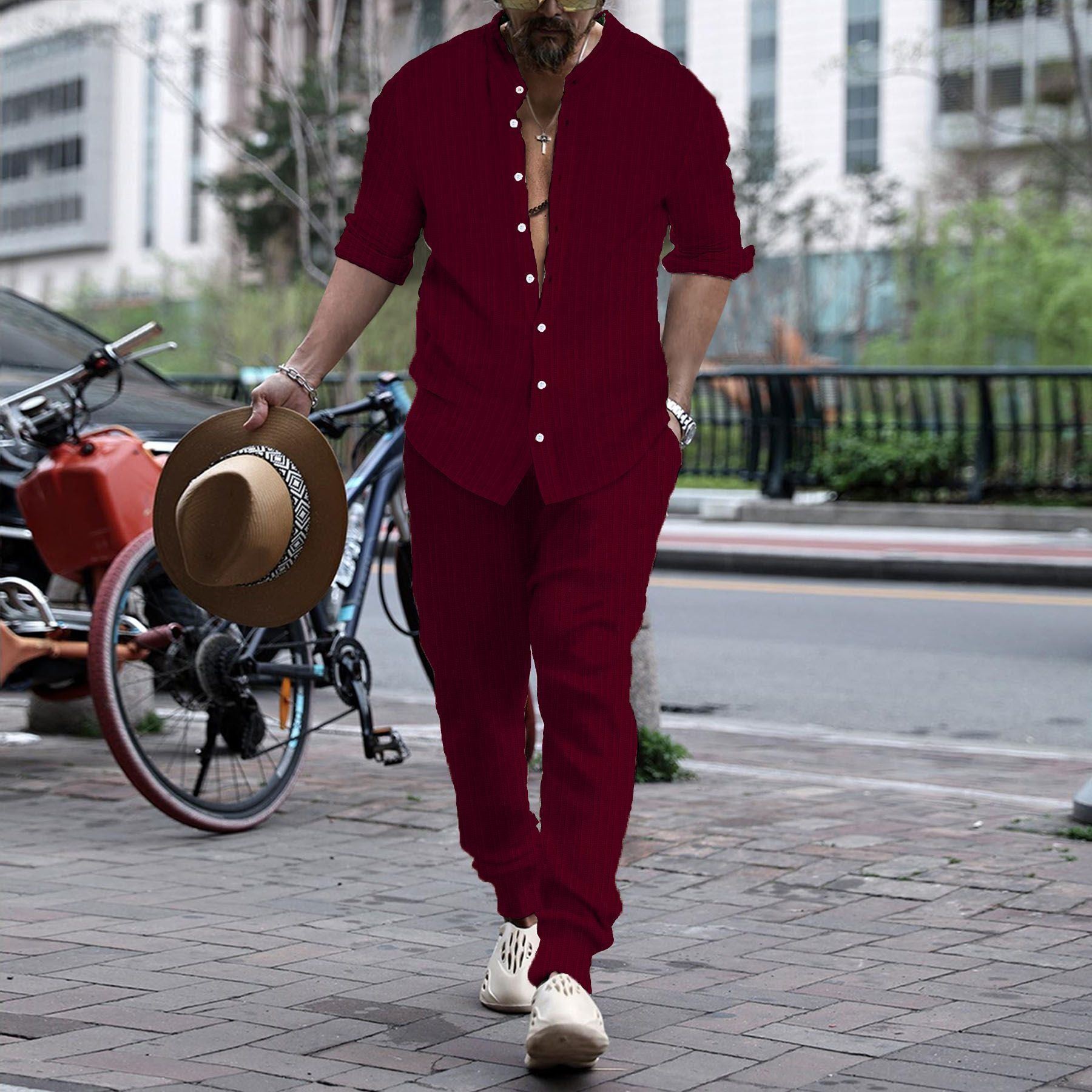 Men's Striped Hengli Collar Shirt Trousers - Jointcorp