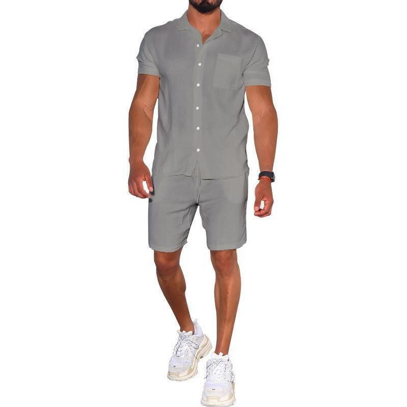 Cross-border Summer Menswear Suit Polo Collar Solid Color Short-sleeved Shorts Suit Button Four-sided Stretch Shirt - Jointcorp