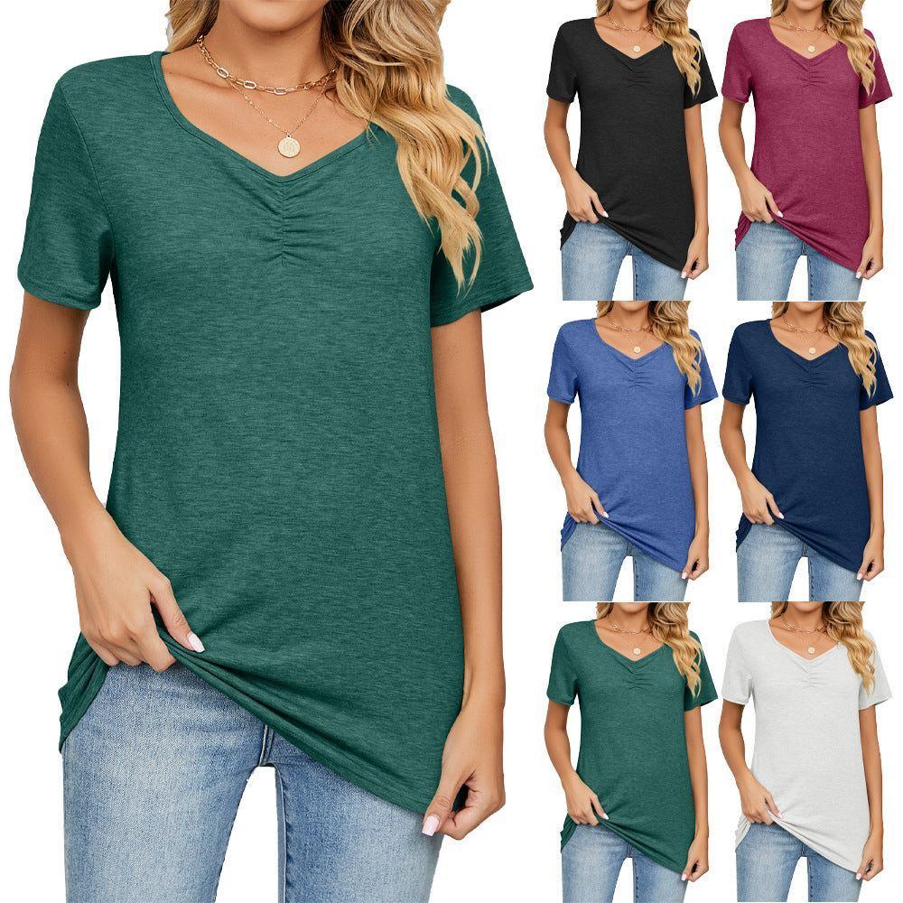 Women's Fashion V-neck Pleated Casual Solid Color Loose T-shirt - Jointcorp