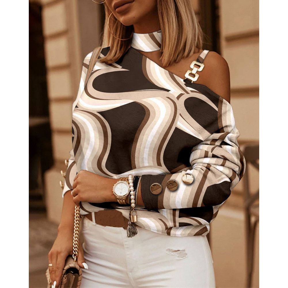 Printed Off-the-shoulder Long Sleeve Halter Metal Buckle Decorative Top - Jointcorp