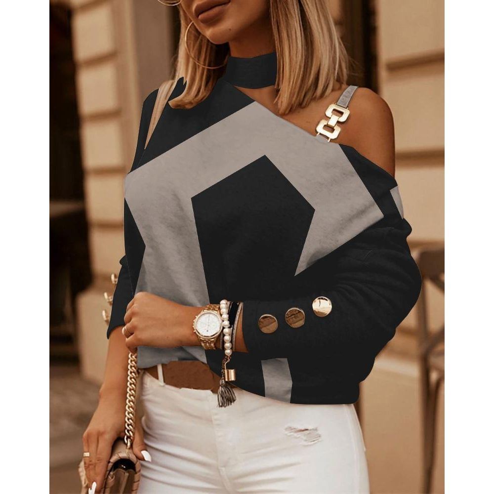 Printed Off-the-shoulder Long Sleeve Halter Metal Buckle Decorative Top - Jointcorp