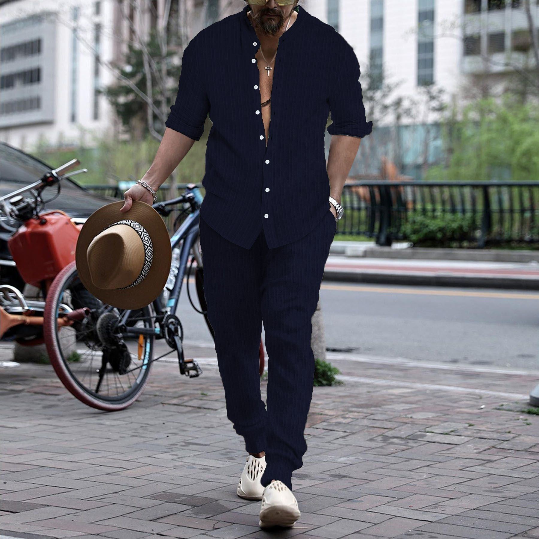 Men's Striped Hengli Collar Shirt Trousers - Jointcorp