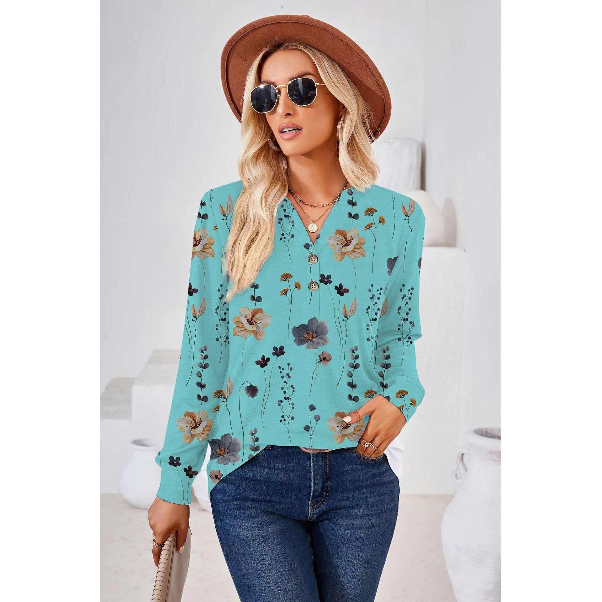 Women's Fashion Casual Printing Button V-neck Long Sleeve