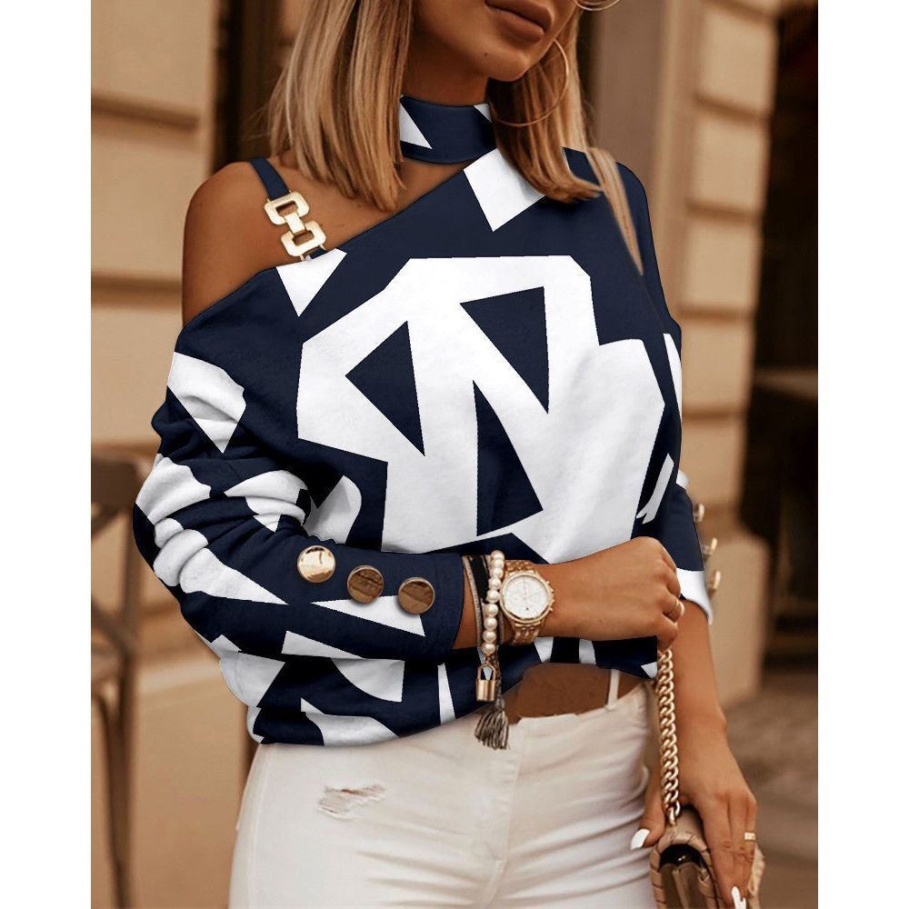 Printed Off-the-shoulder Long Sleeve Halter Metal Buckle Decorative Top - Jointcorp