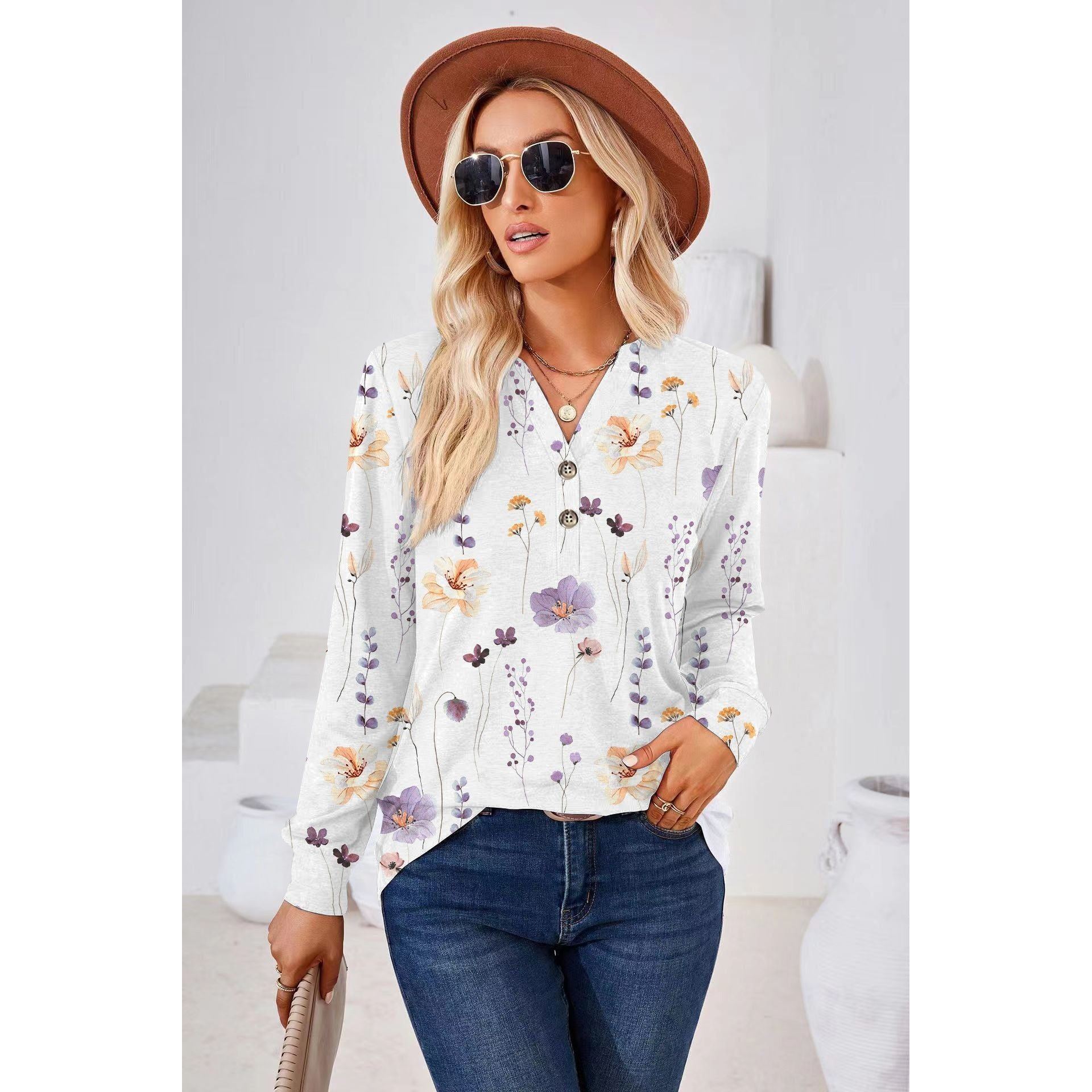 Women's Fashion Casual Printing Button V-neck Long Sleeve