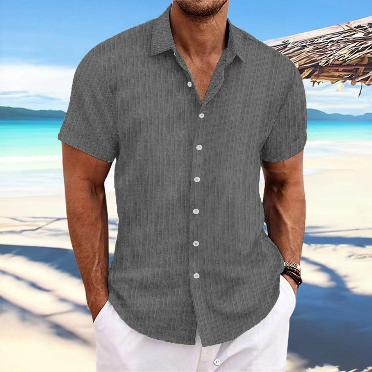 Men's Cotton And Linen Stripes Jacquard Casual Loose Short Sleeves - Jointcorp