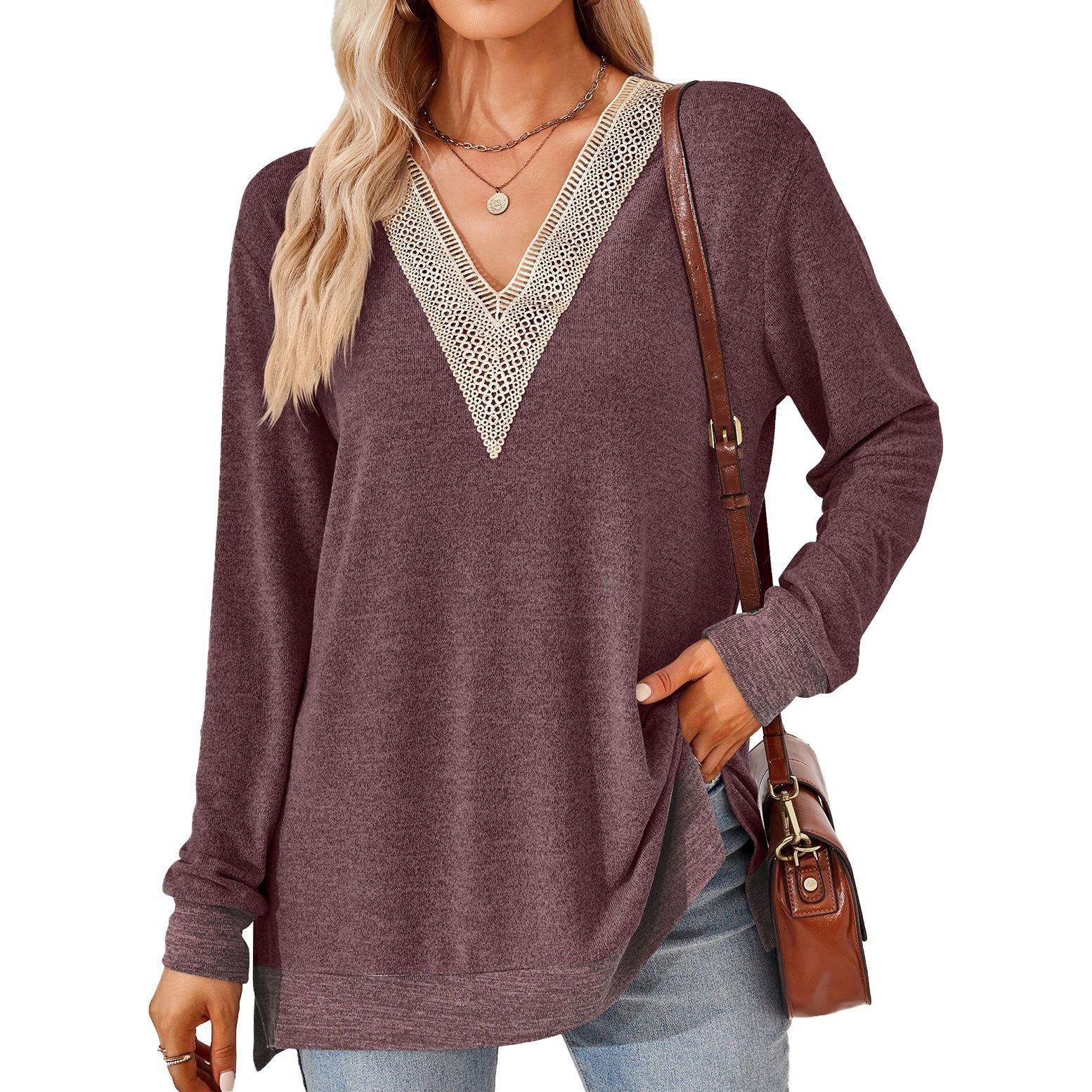 Women's Fashion V-neck Lace Solid Color Loose-fitting T-shirt Top