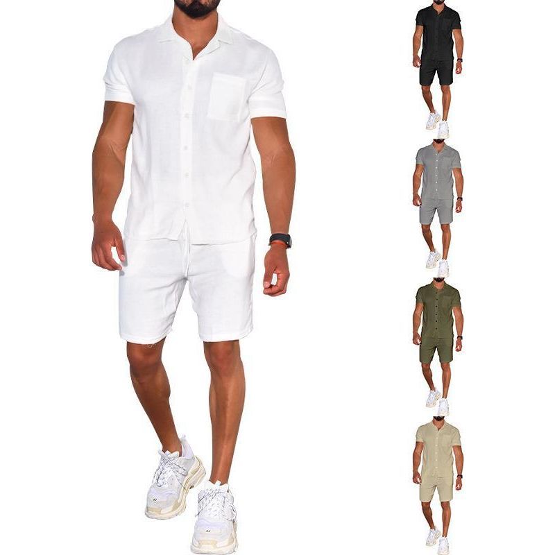 Cross-border Summer Menswear Suit Polo Collar Solid Color Short-sleeved Shorts Suit Button Four-sided Stretch Shirt - Jointcorp