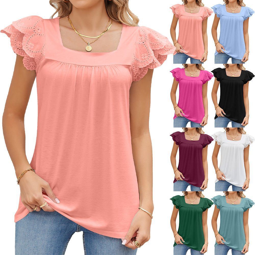 Solid Color Lace Stitching Square Collar Petals Short Sleeve T-shirt Top Female