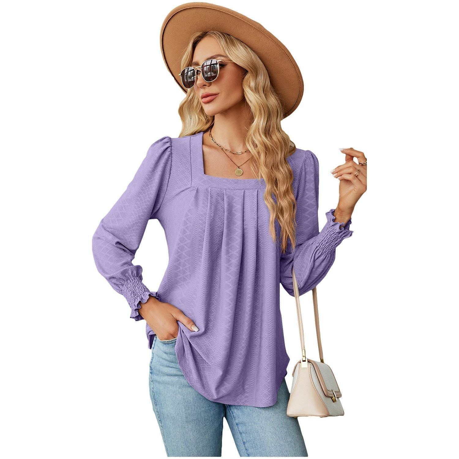 Women's Fashion Casual Jacquard Pleated Square Collar Long Sleeve