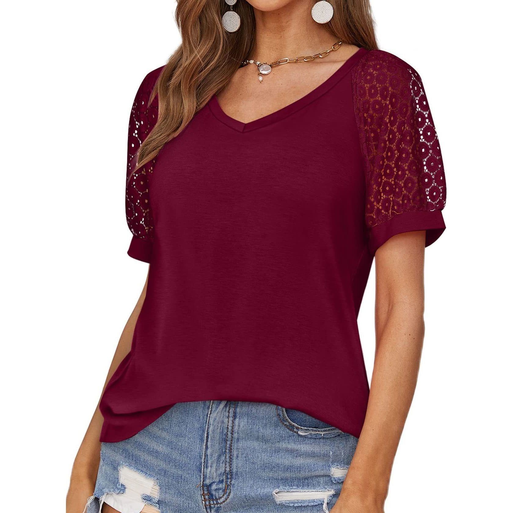 V-neck Lace Stitching Casual T-shirt For Women