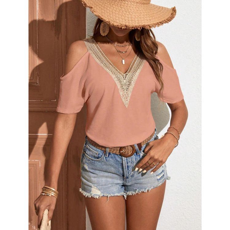 Summer New V-neck Casual Hollow Sleeve Short Sleeve Solid Color Top - Jointcorp
