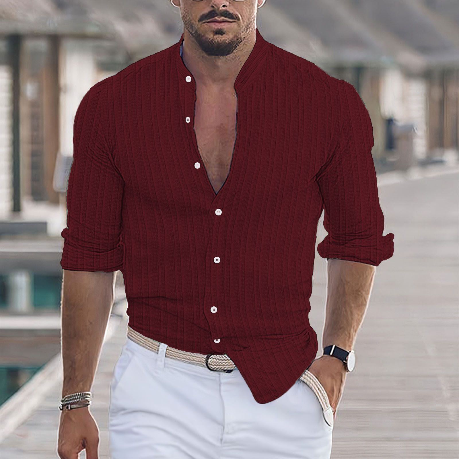 European And American Men's Cotton And Linen Stripes Jacquard Shirt - Jointcorp