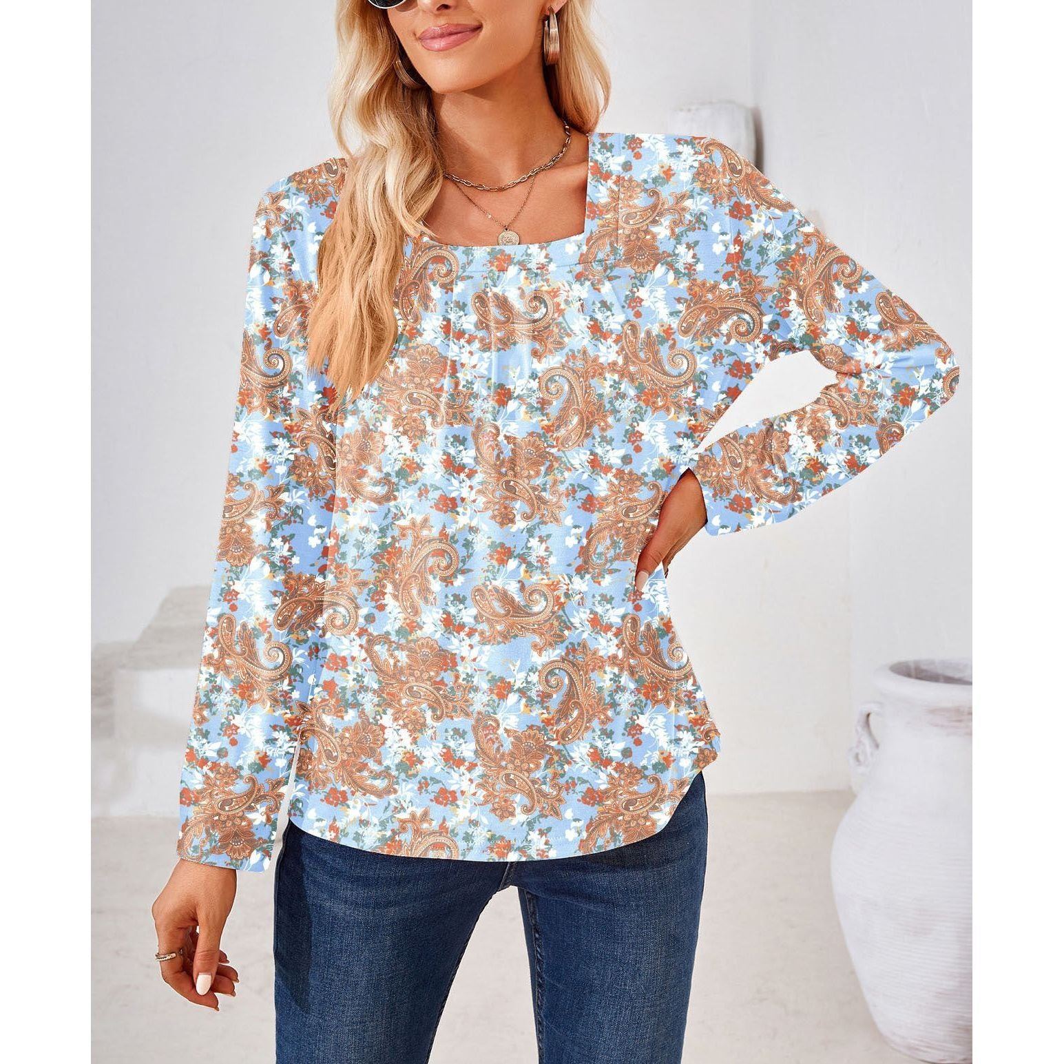 Women's Fashion Casual Square Collar Fold Floral Long Sleeve Loose Top T-shirt