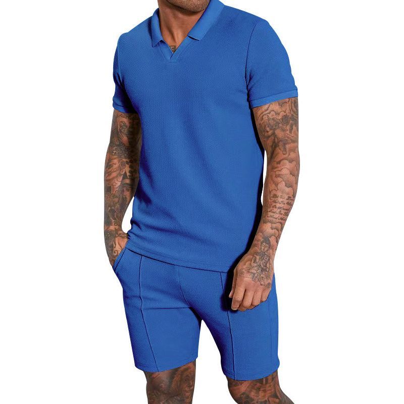 Men's Fashion Waffle V-neck Short-sleeved Shorts Two-piece Set - Jointcorp