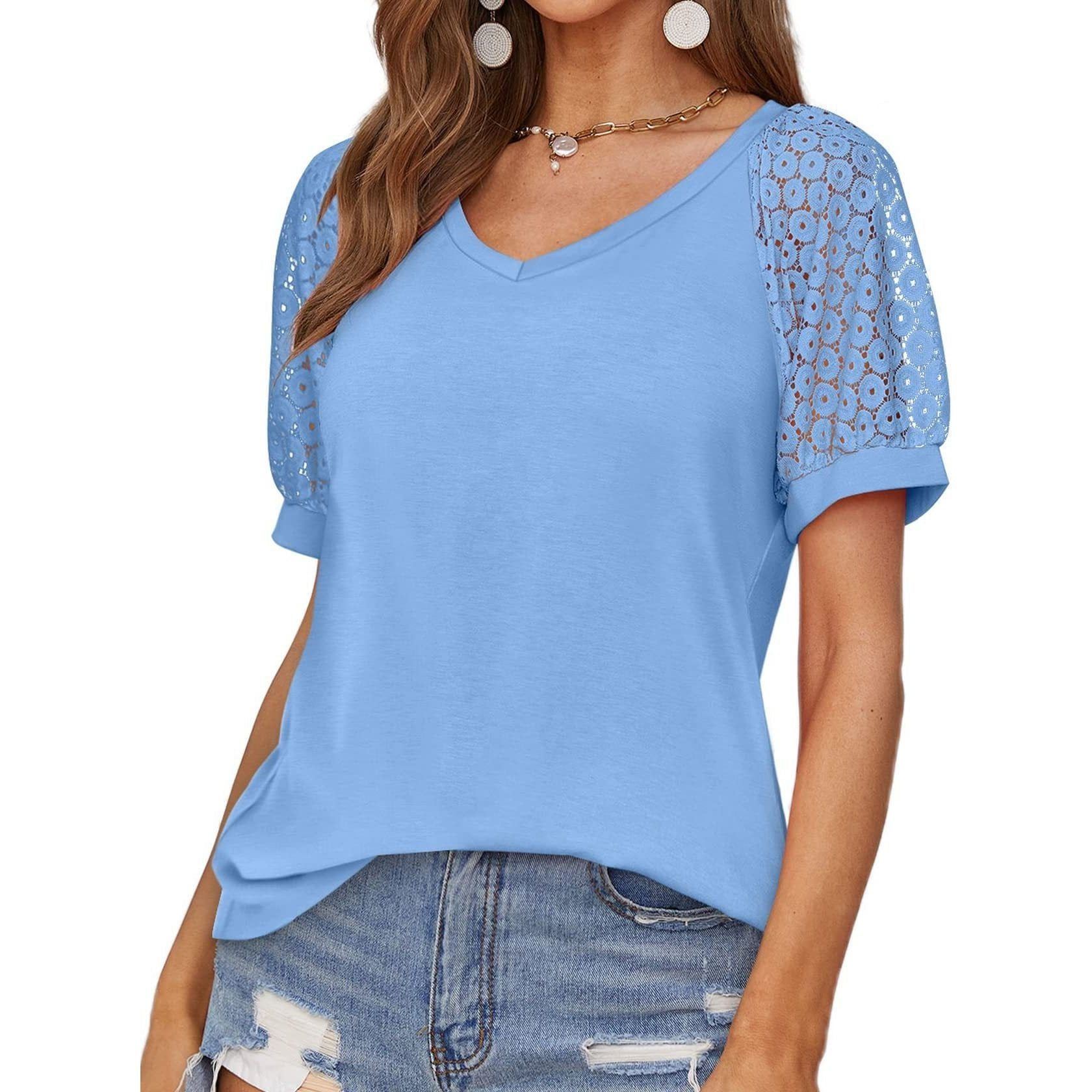 V-neck Lace Stitching Casual T-shirt For Women