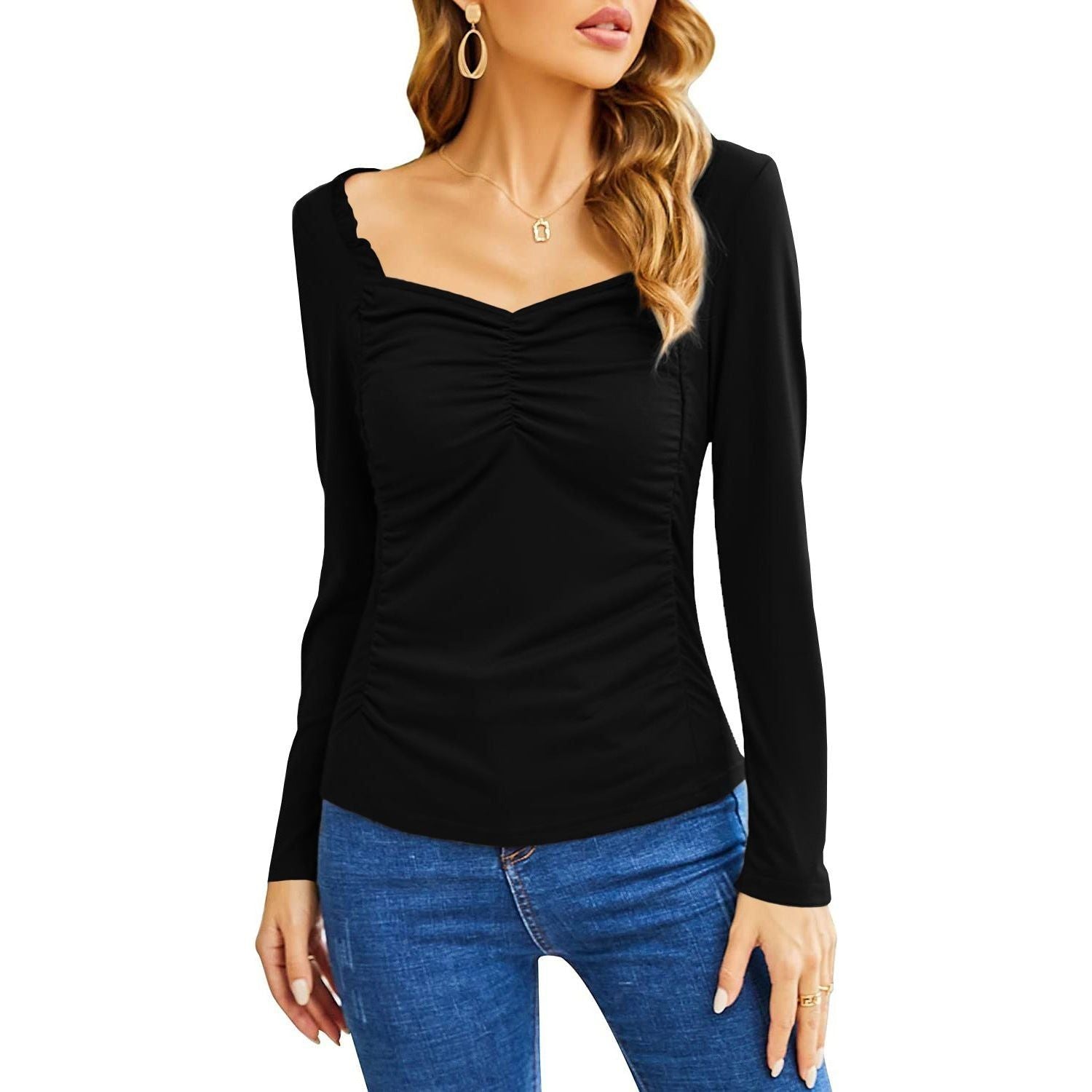 Women's Fashion Casual Square Collar Pleated Slim-fit Long Sleeve