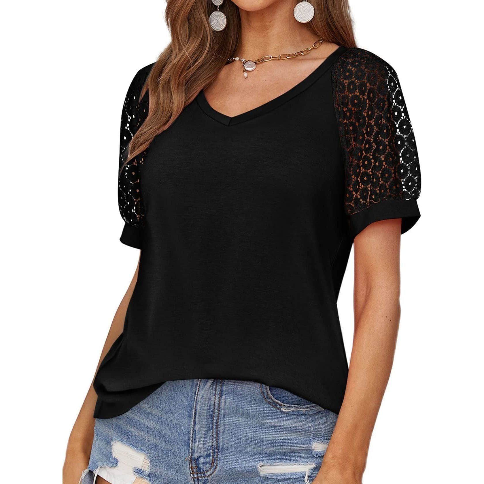 V-neck Lace Stitching Casual T-shirt For Women
