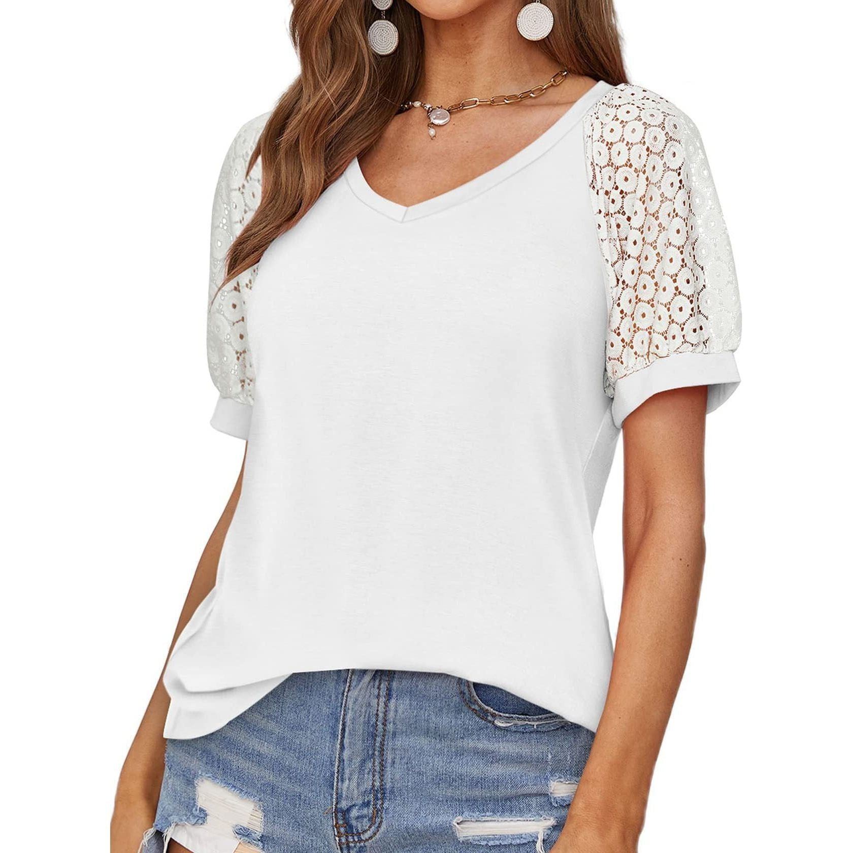 V-neck Lace Stitching Casual T-shirt For Women