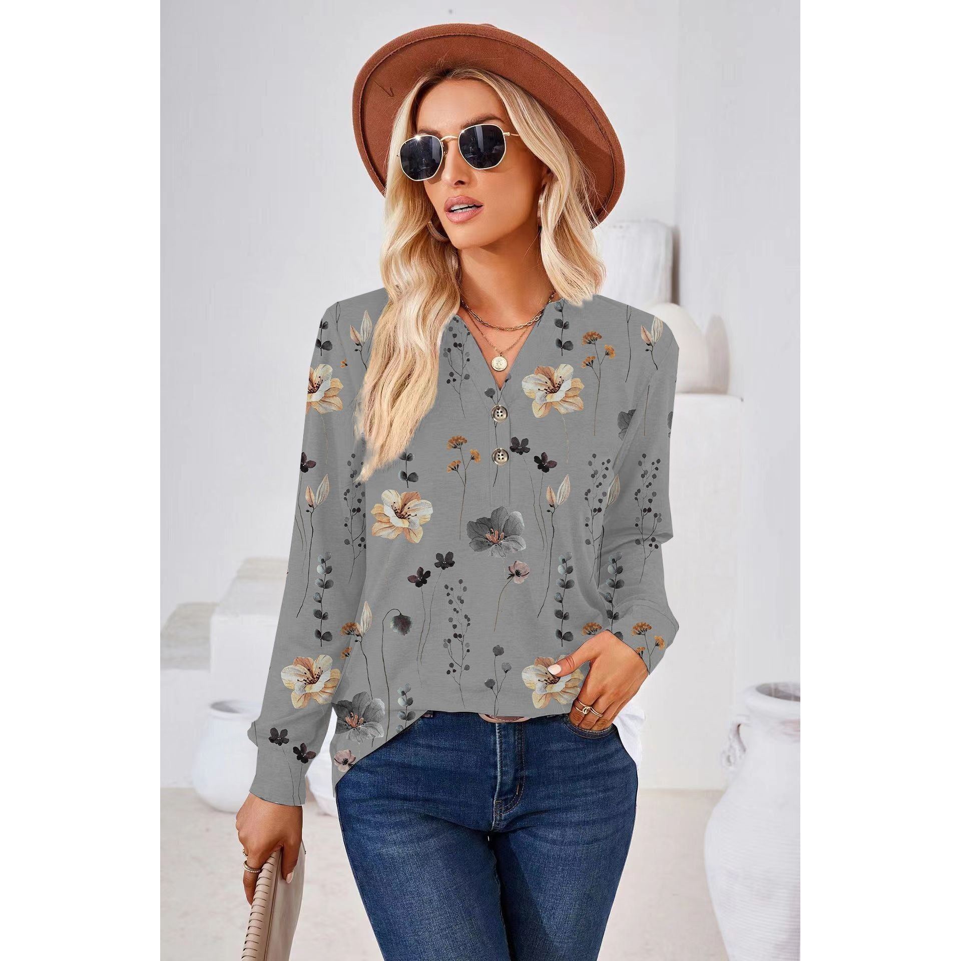 Women's Fashion Casual Printing Button V-neck Long Sleeve