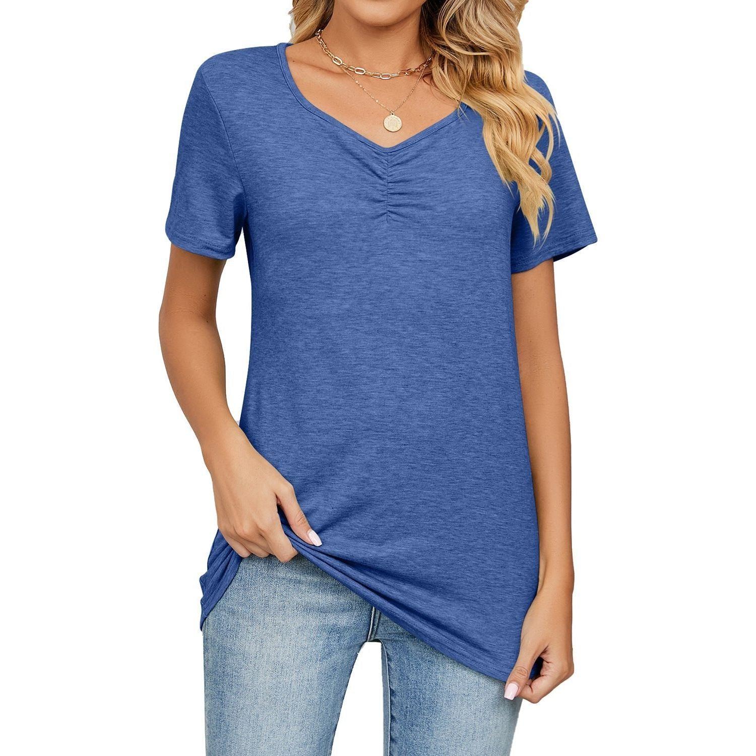 Women's Fashion V-neck Pleated Casual Solid Color Loose T-shirt - Jointcorp