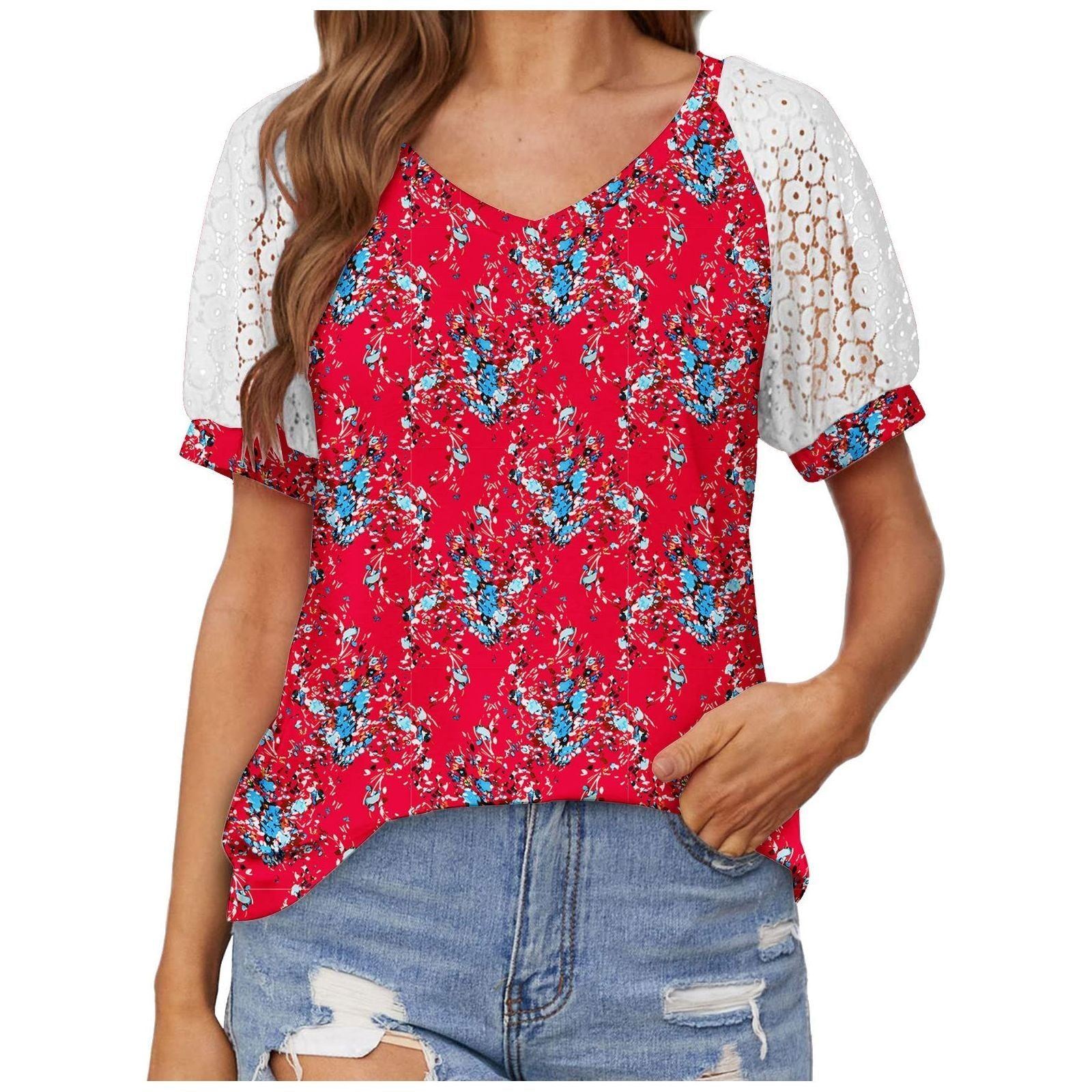 V-neck Lace Stitching Casual T-shirt For Women