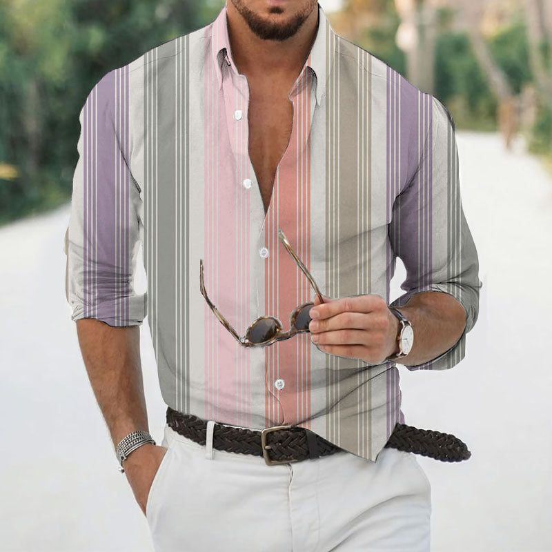 Men's Fashion Casual Vertical Stripes Lapel Digital Print Long Sleeve - Jointcorp