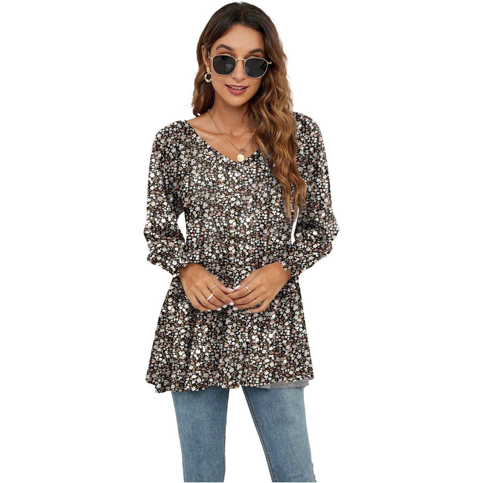 Women's Fashion Casual Printing Bubble Long Sleeve Waist Top
