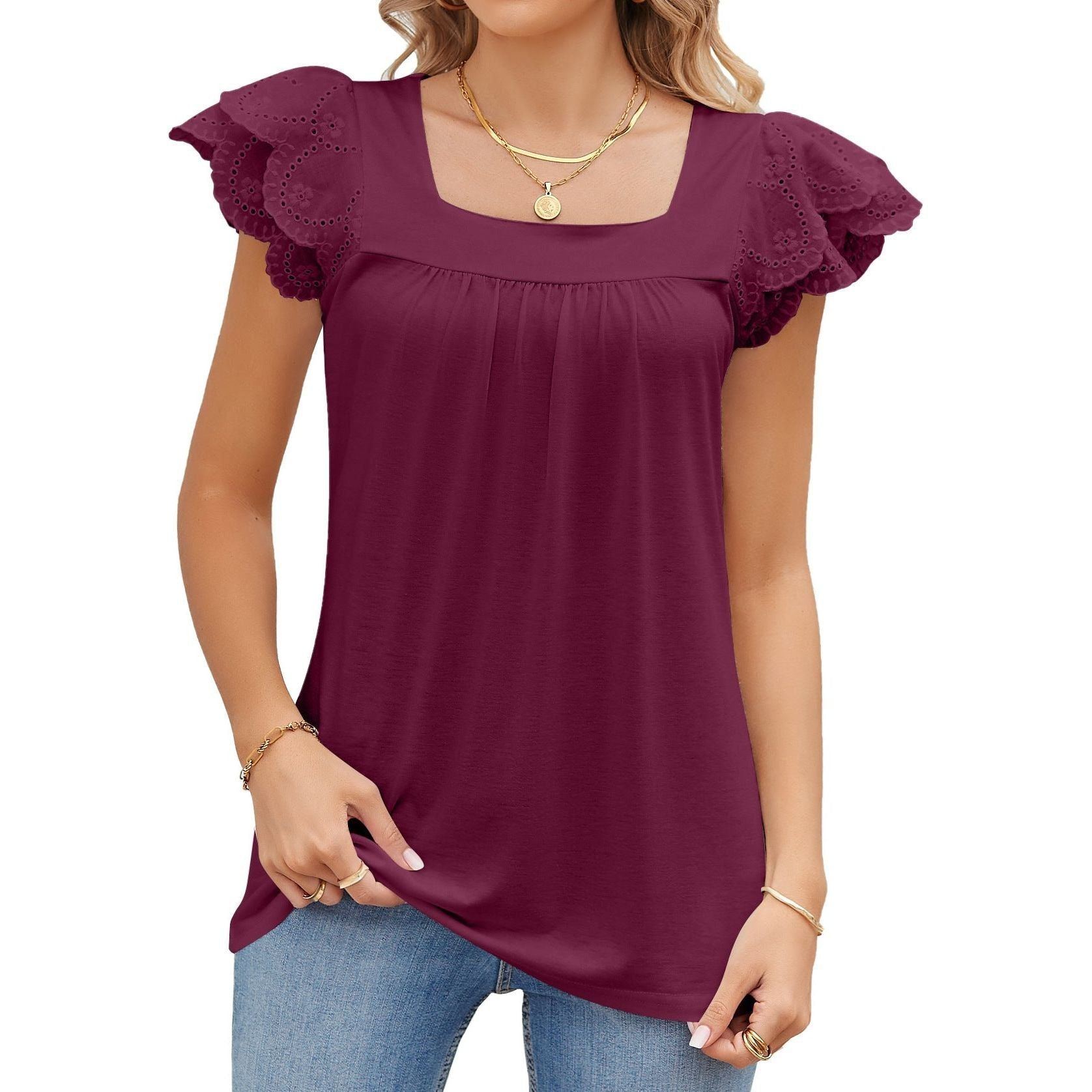 Solid Color Lace Stitching Square Collar Petals Short Sleeve T-shirt Top Female