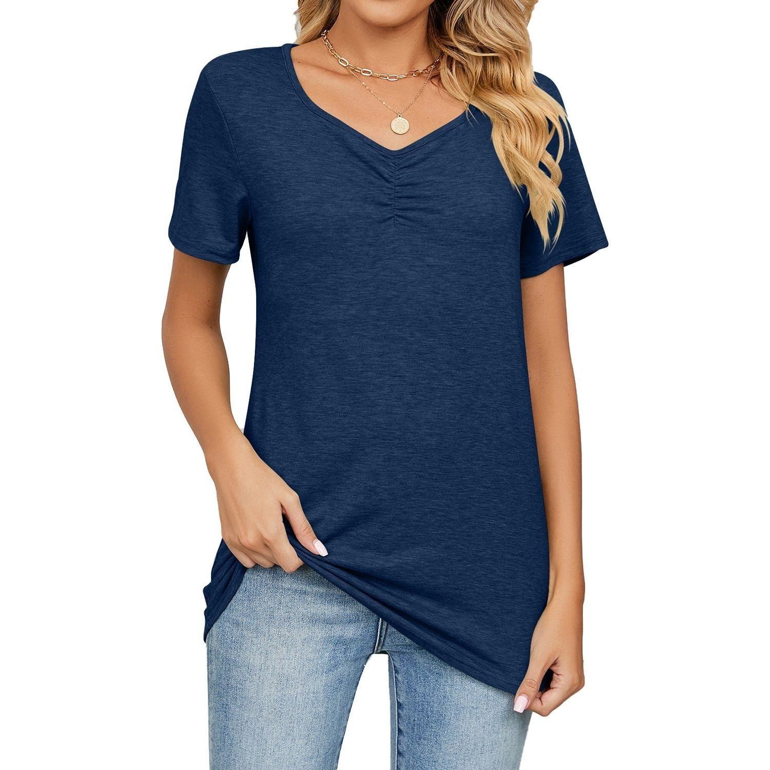 Women's Fashion V-neck Pleated Casual Solid Color Loose T-shirt - Jointcorp