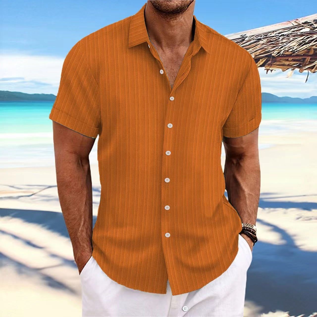 Men's Cotton And Linen Stripes Jacquard Casual Loose Short Sleeves - Jointcorp