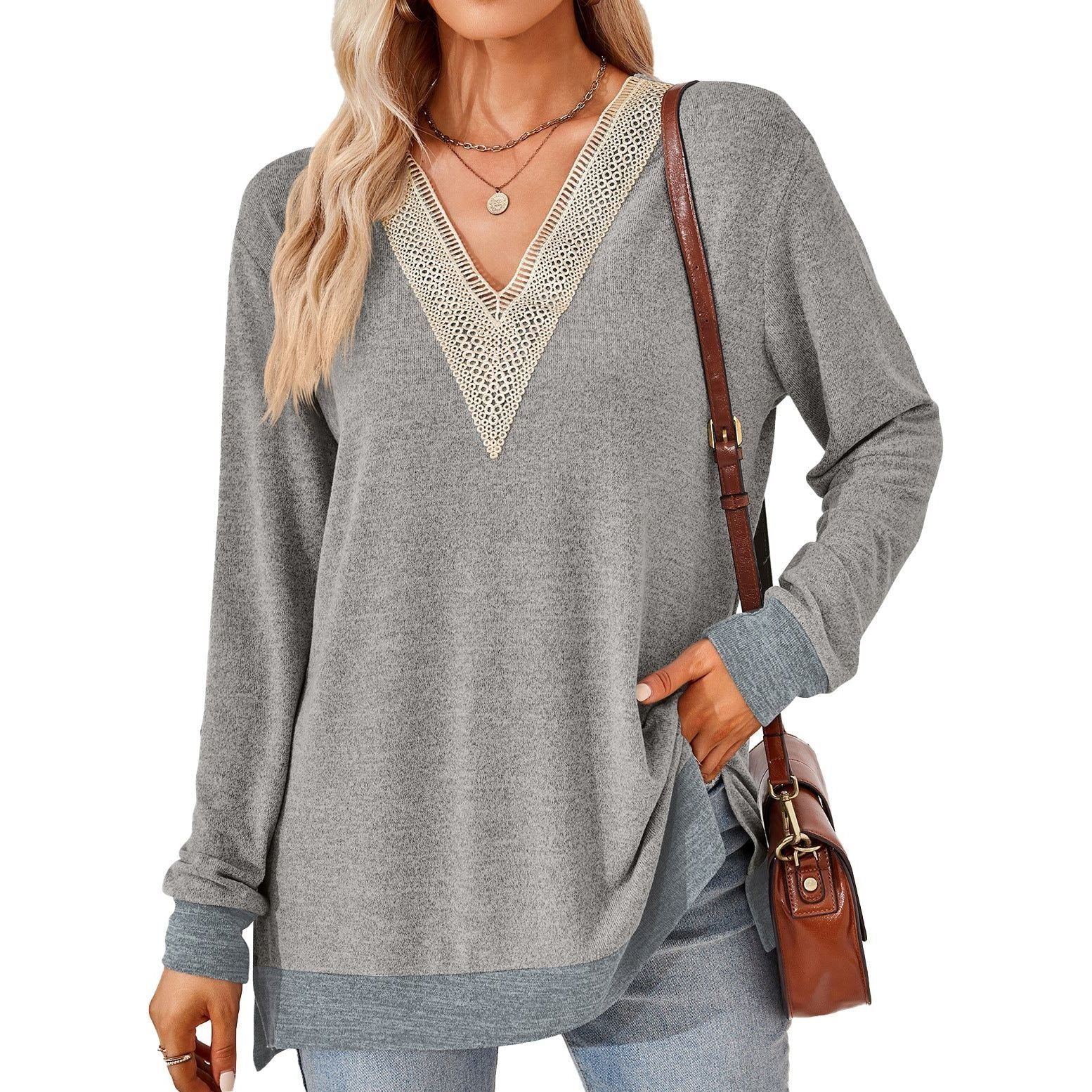 Women's Fashion V-neck Lace Solid Color Loose-fitting T-shirt Top