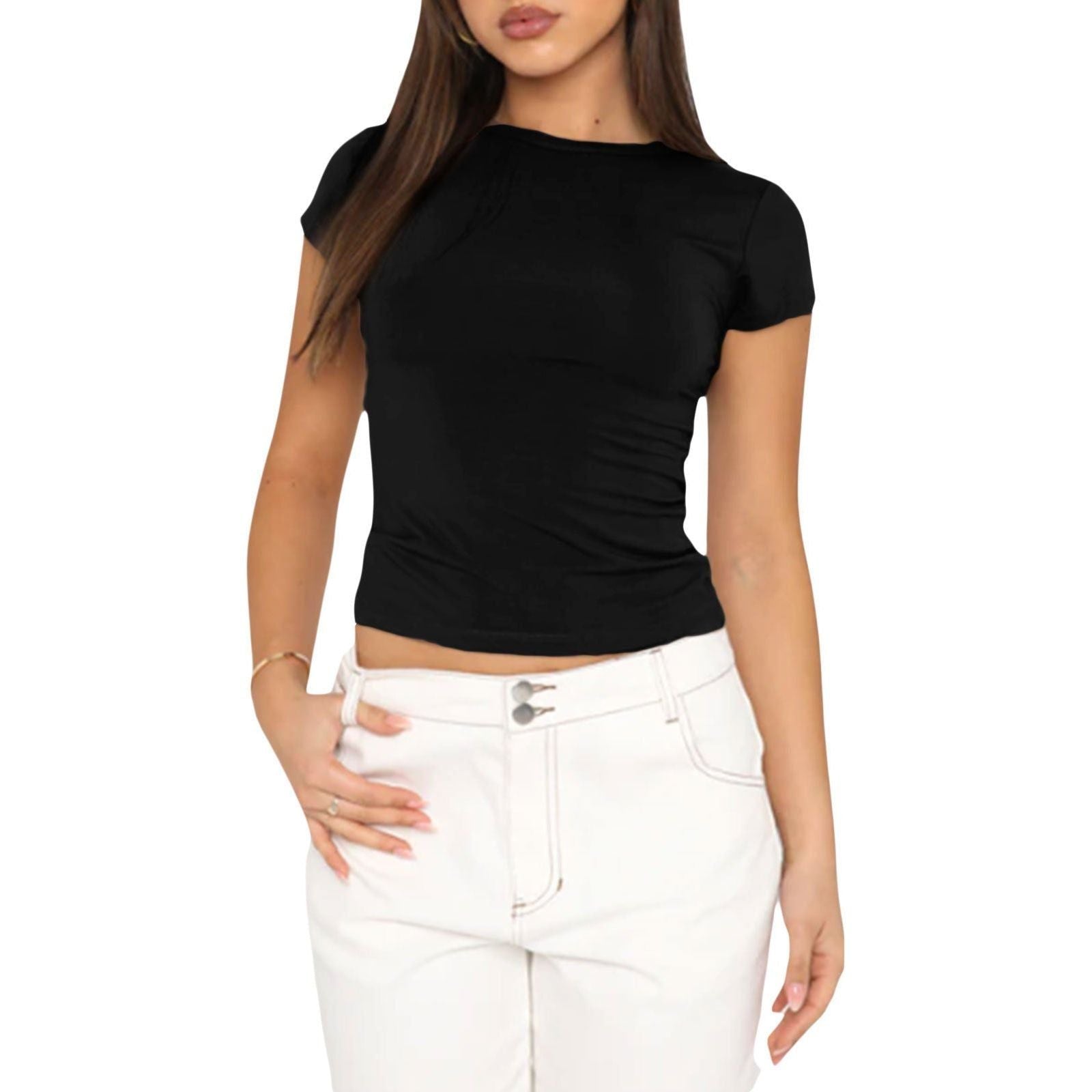 Women's Fashion Casual Solid Color Slim Pullover T-shirt