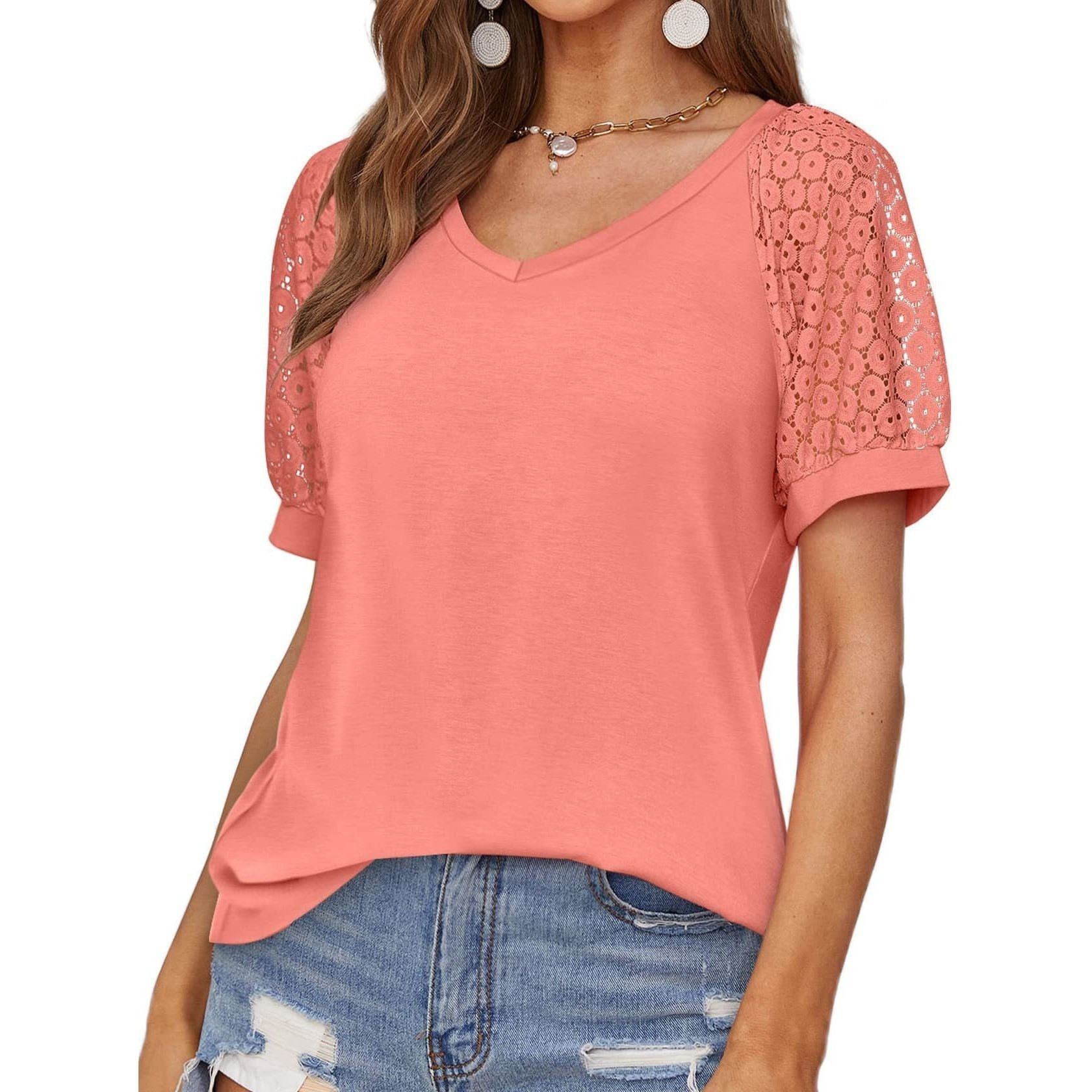 V-neck Lace Stitching Casual T-shirt For Women