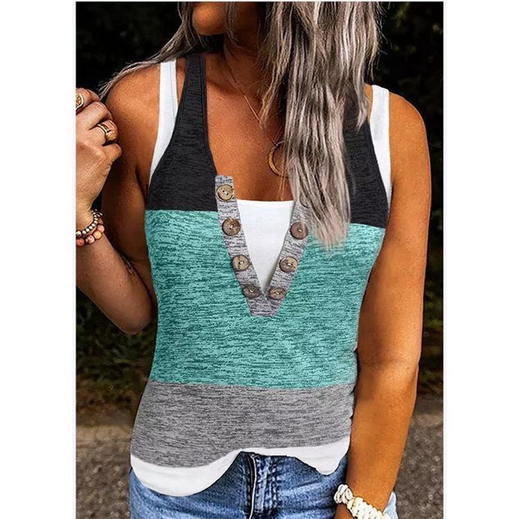 Summer New Contrast Color False Two-piece Suit Women Sleeveless Vest