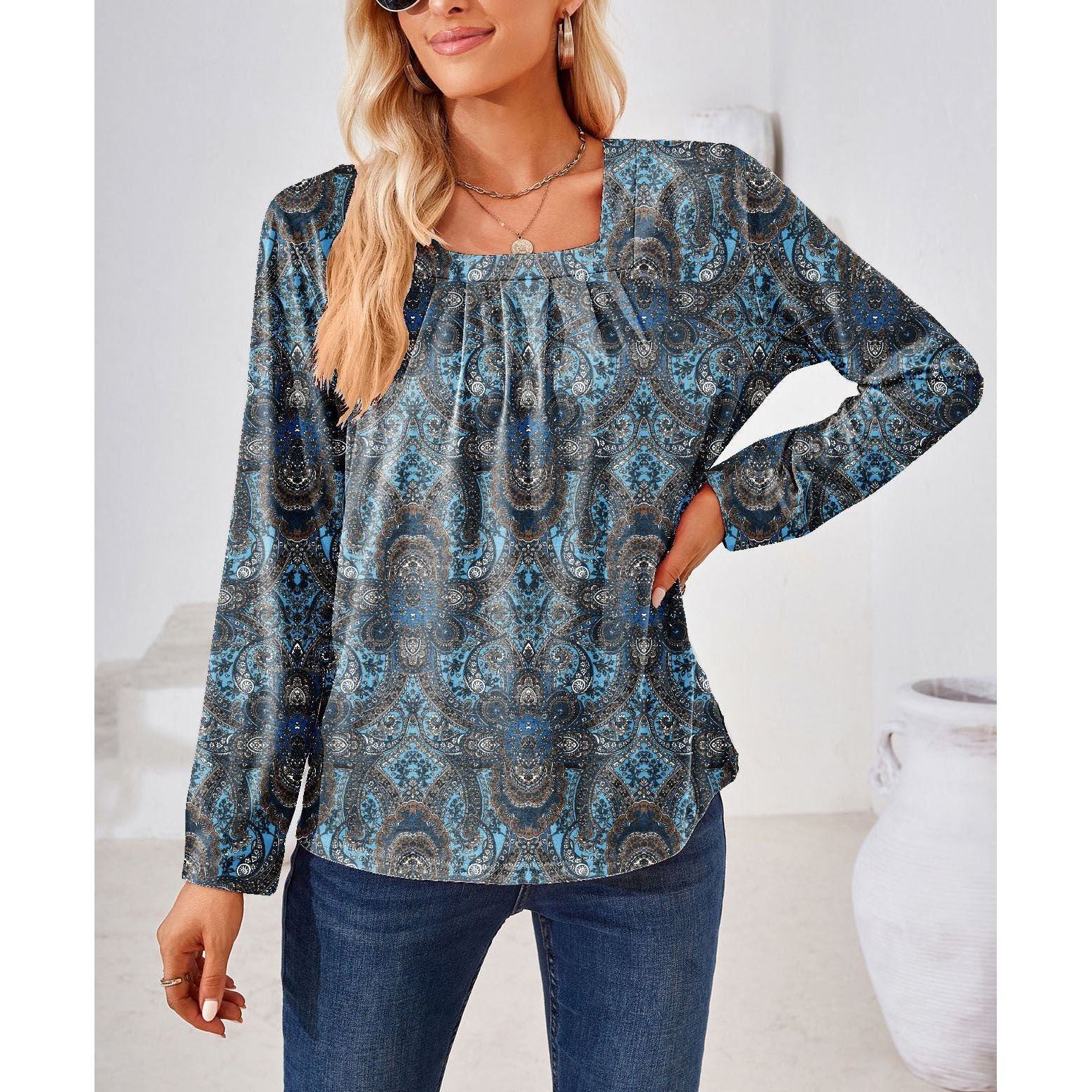 Women's Fashion Casual Square Collar Fold Floral Long Sleeve Loose Top T-shirt