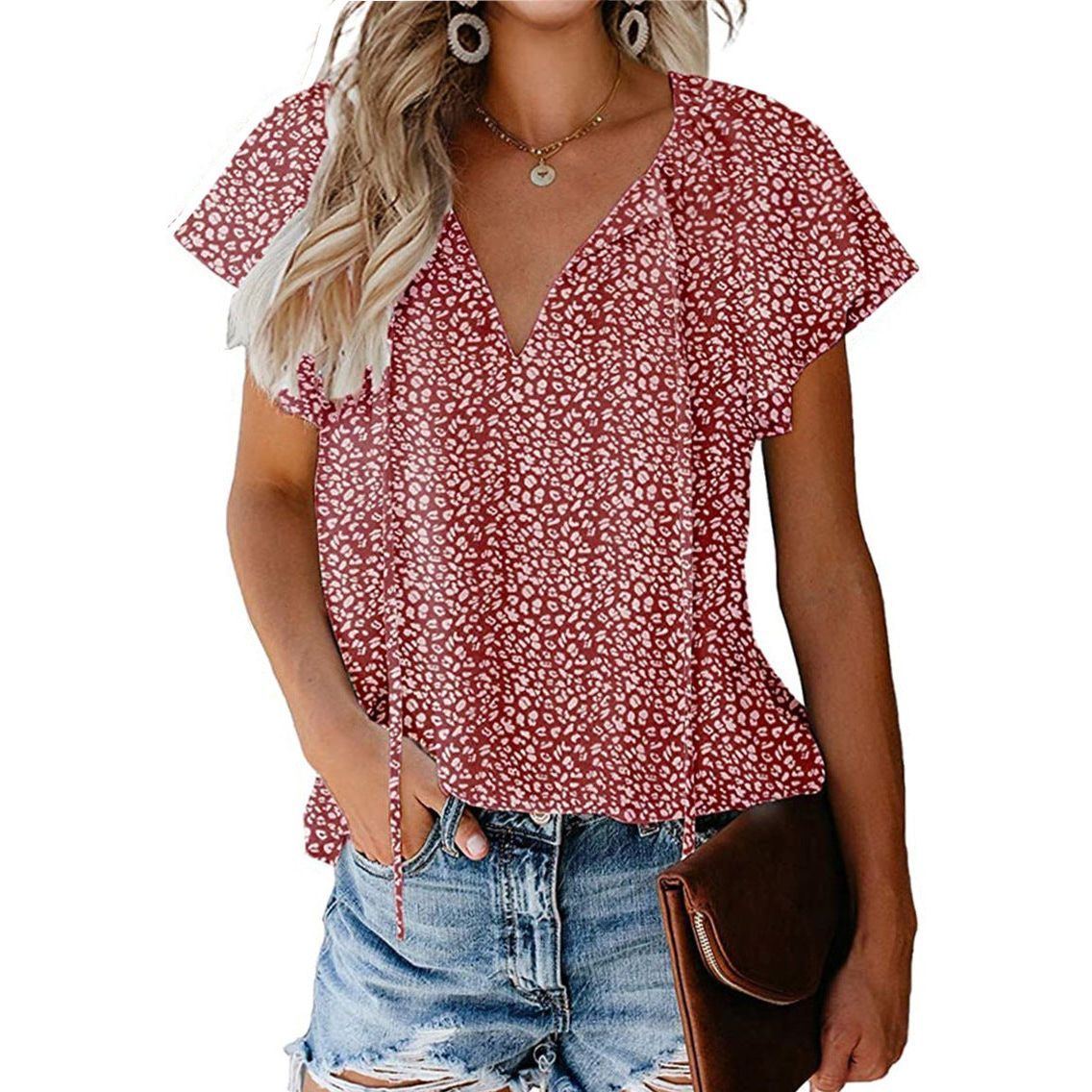Floral Casual V-neck Chiffon Shirt Loose And Simple