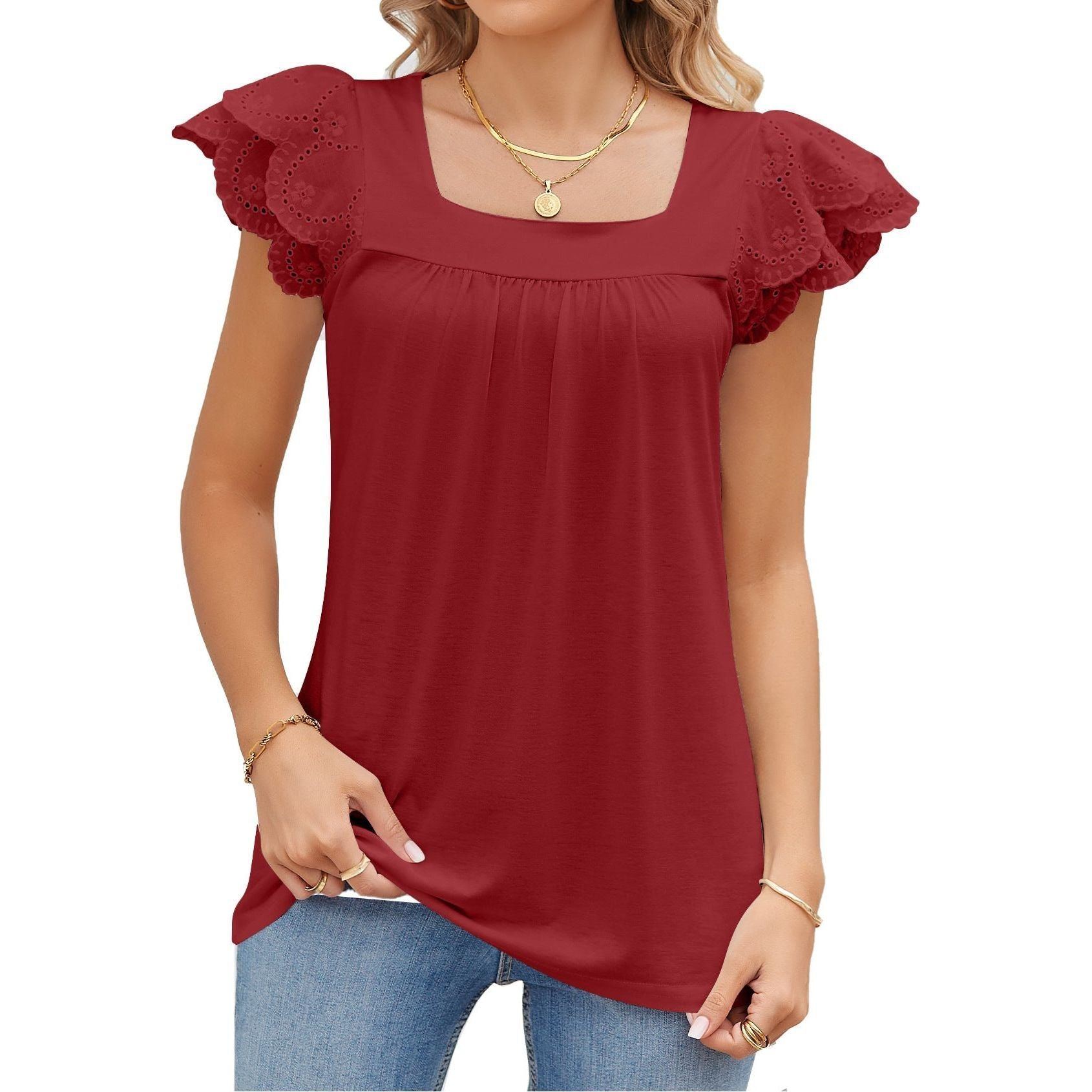 Solid Color Lace Stitching Square Collar Petals Short Sleeve T-shirt Top Female